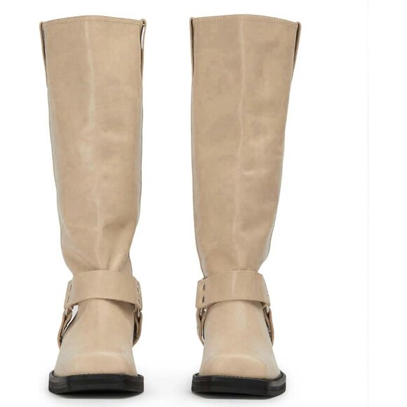 Women's Polyurethane Beige Squared Toe Knee High Tall Riding Motorcycle Boots - Picture 3 of 7